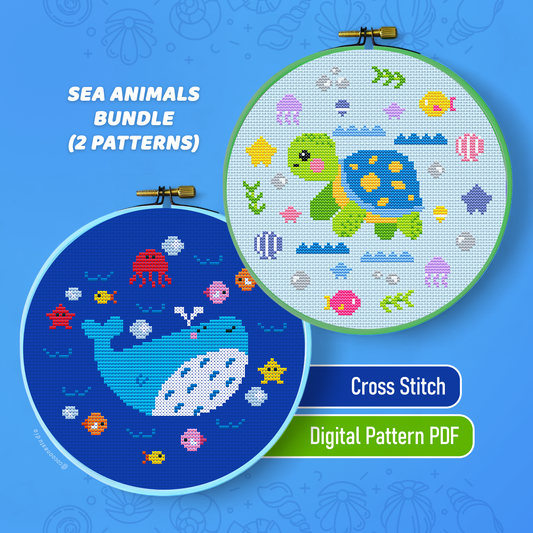Cute Turtle & Whale Sea Animals Cross Stitch Pattern PDF Bundle