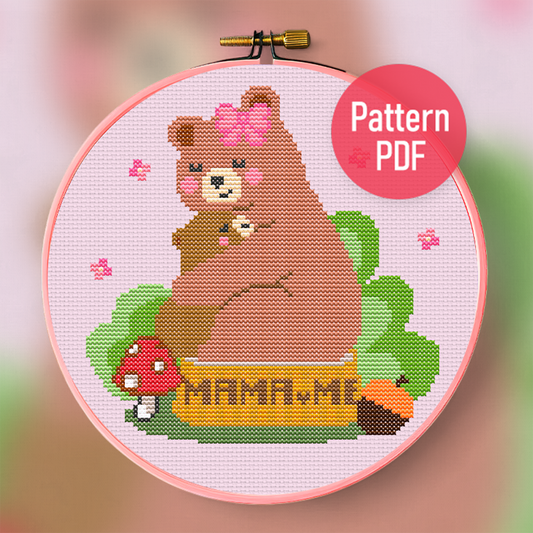 Cute Mother and Baby Bear Coquette Cross Stitch Pattern PDF