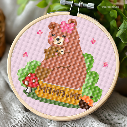 Cute Mother and Baby Bear Coquette Cross Stitch Pattern PDF
