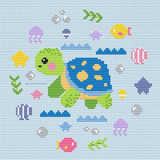 Turtle’s Ocean Party Cross Stitch Pattern PDF