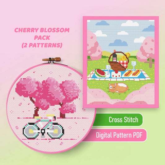 Cherry Blossom and Picnic Cross Stitch Pattern PDF Bundle