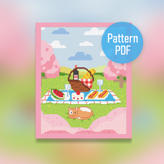 Japanese Cherry Blossom Picnic Cat Cross Stitch Pattern PDF